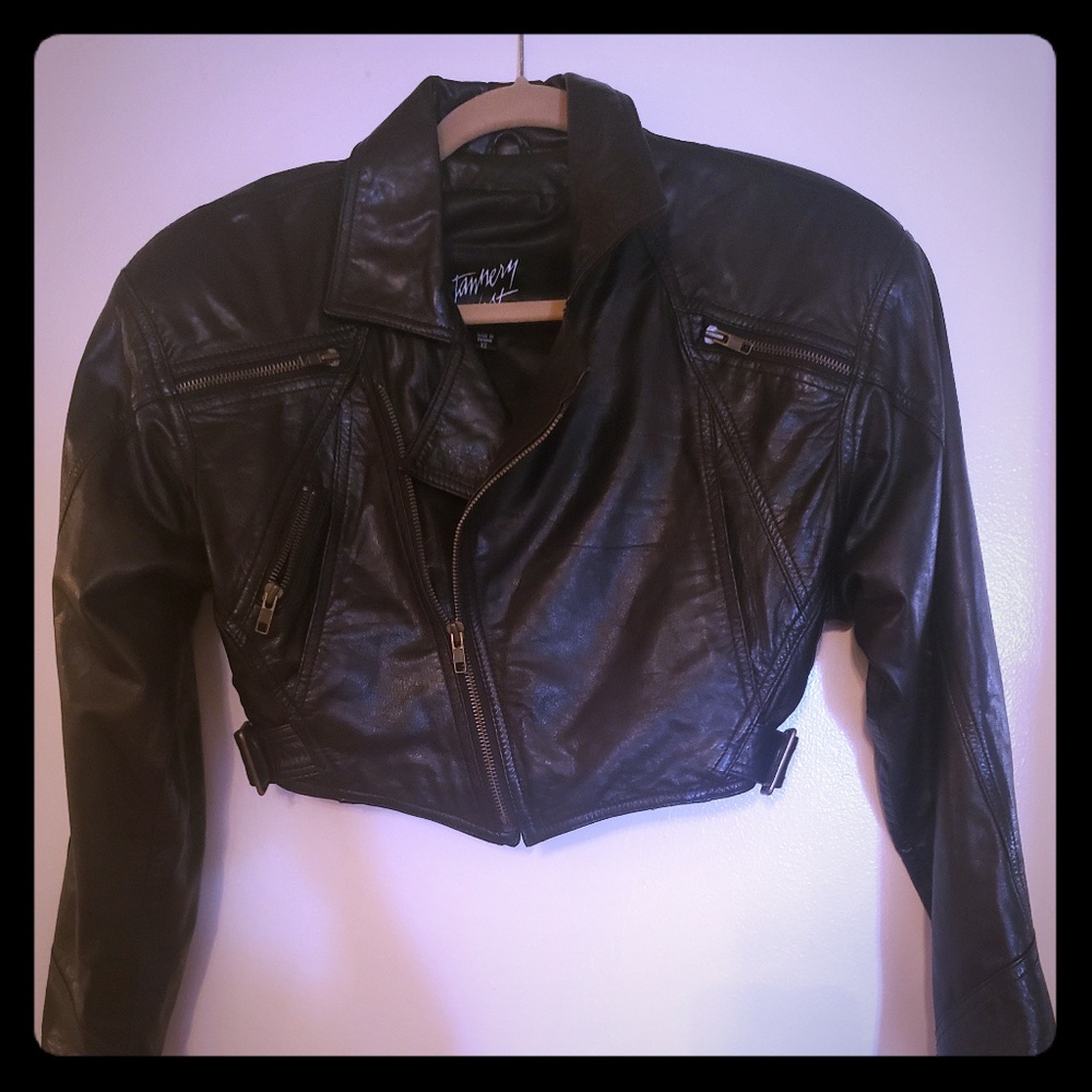 Black leather crop motorcycle jacket
